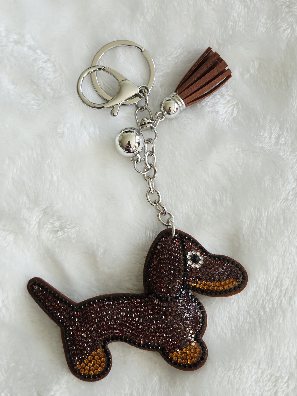 Brown Rhinestone Dachshund Keychain with Tassel - Fashion Bag Charm
